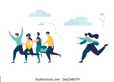 Vector illustration, a company of people competes with other business people, successfully overcomes obstacles, a lagging person catches them