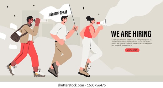 Vector illustration of company searching new employee or worker. Concept of join us, freelance job or we are hiring for banner, flyer, landing page. Group of office workers shouting in loud speaker.