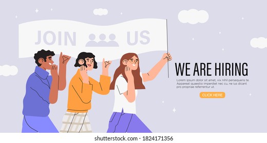 Vector illustration of company searching new employee or worker. Concept of join us, freelance job or we are hiring for banner, flyer, landing page. Group of office workers shouting in loud speaker.