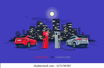 Vector illustration comparing electric versus gasoline car suv. Electric car charging at charger station vs. fossil car refueling petrol at gas station. Night city building skyline in the background.