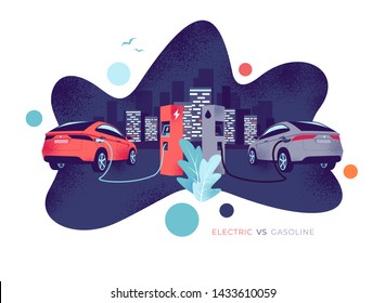 Vector illustration comparing electric versus gasoline car. Electric car charging at charger station vs. fossil car refuel petrol gas station. City skyline in the background. Fluid shape grain style.