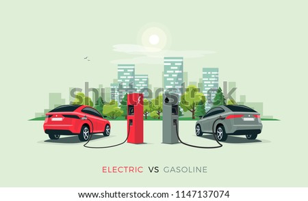 Vector illustration comparing electric versus gasoline car suv. Electric car charging at charger station vs. fossil car refueling petrol at gas station. City building skyline in the background.