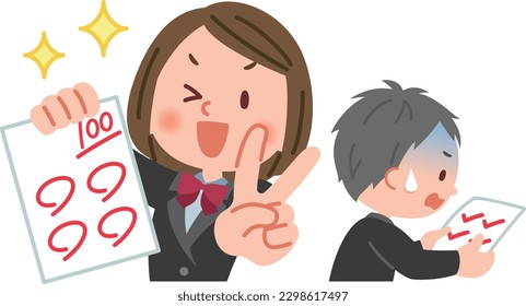 Ilustración vectorial que compara a una estudiante con excelentes calificaciones y a un estudiante con malas notas.