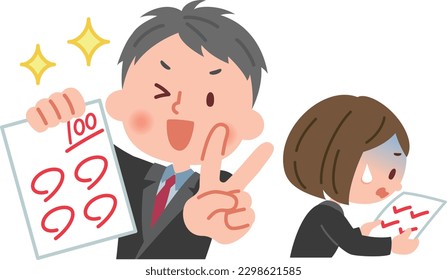 A vector illustration comparing a male student with excellent grades and a female student with poor grades.