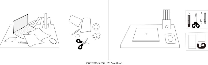 Vector illustration comparing a messy and dirty desk with an organized and beautiful desk