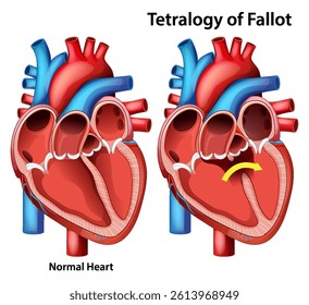 Vector illustration comparing a normal heart with Tetralogy of Fallot. Detailed anatomical features, vibrant colors, educational focus