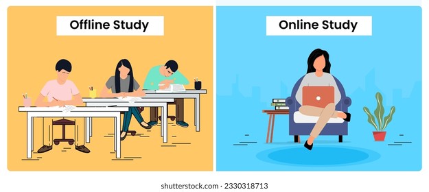Vector illustration comparing offline education with online education, highlighting the differences between traditional classroom learning and digital or virtual education methods. 