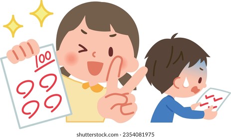 Vector illustration comparing the performance of two elementary school students.