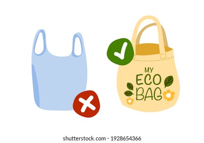 Ilustración vectorial que compara bolsas plásticas y textiles. Prohibir el plástico de un solo uso, dejar de firmar. Elija plástico libre. Concepto de compra de desechos cero. Bolsa de un solo uso con signo de prohibición