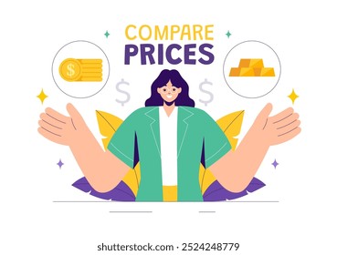 Ilustración vectorial de comparar Precios e inflación en la economía, mostrando escalas con valores de Precios y bienes en un fondo de dibujos animados de estilo plano