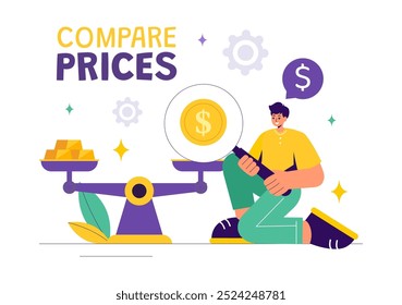 Ilustración vectorial de comparar Precios e inflación en la economía, mostrando escalas con valores de Precios y bienes en un fondo de dibujos animados de estilo plano