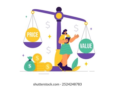 Ilustração vetorial de Comparação de Preços e Inflação na Economia, Mostrando Escalas com Preços e Valores de Mercadorias em um Plano de Fundo de Desenho Animado de Estilo Plano