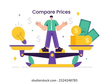 Ilustración vectorial de comparar Precios e inflación en la economía, mostrando escalas con valores de Precios y bienes en un fondo de dibujos animados de estilo plano