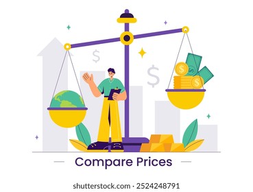 Ilustración vectorial de comparar Precios e inflación en la economía, mostrando escalas con valores de Precios y bienes en un fondo de dibujos animados de estilo plano