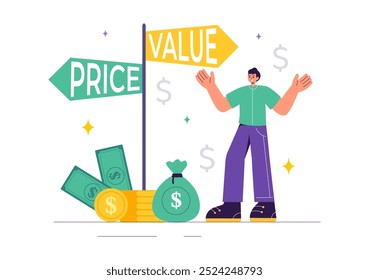 Ilustración vectorial de comparar Precios e inflación en la economía, mostrando escalas con valores de Precios y bienes en un fondo de dibujos animados de estilo plano