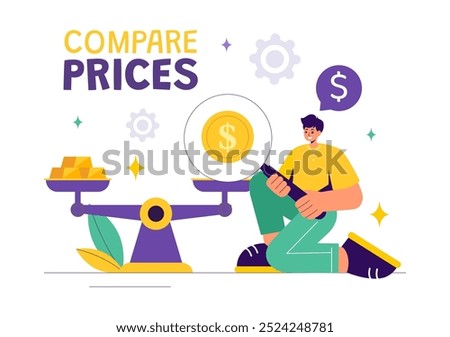 Vector Illustration of Comparing Prices and Inflation in the Economy, Showing Scales with Prices and Goods Values in a Flat Style Cartoon Background