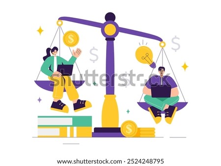 Vector Illustration of Comparing Prices and Inflation in the Economy, Showing Scales with Prices and Goods Values in a Flat Style Cartoon Background