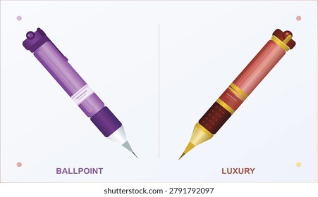 Vector illustration comparing a purple ballpoint pen with a red and gold luxury pen.