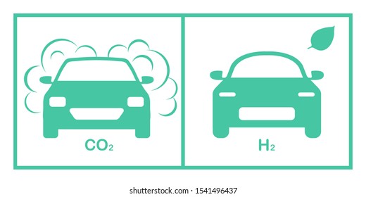 Vector illustration comparison environmentally friendly hydrogen fuel car vs gas polluting car. Ecology concept Eco Environmental Protection. Smoke pollutant vs renewable electric power, zero emission