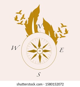 vector illustration with compass and feathers and golden birds, perfect to use on the web or in print