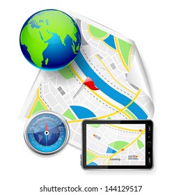 vector illustration of compass and GPS device on road map