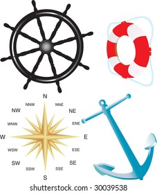Vector illustration for compass, helm, belt and anchor isolated on white background