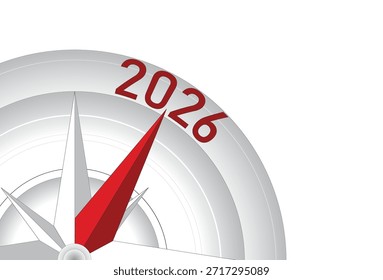 Ilustração vetorial de uma bússola com a agulha apontando para 2026, representando visão, orientação, sucesso e direção futura.