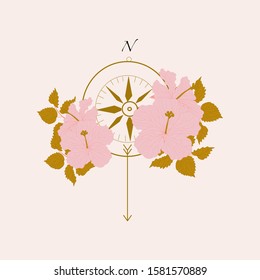 vector illustration with compass and pink flowers, perfect to use on the web or in print