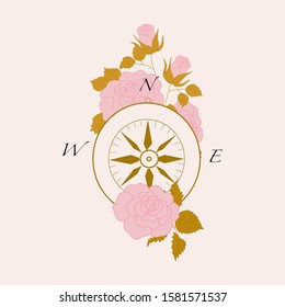 vector illustration with compass and pink roses, perfect to use on the web or in print