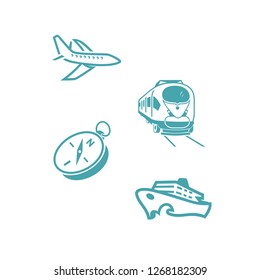 Vector illustration compass, plane, ship, train. Set of vector symbols. Direction of a route of transportation and delivery. Flat design