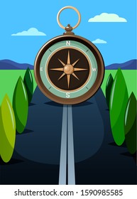 Vector illustration with compass, road going to the horizon and adventure mood suitable for posters, banners and cards