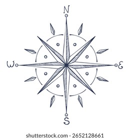 Vector illustration of a Compass rose with cardinal points and hand drawn lines for nautical maps or vintage travel designs. Linear drawing of Windrose for navigation in outline style. Retro etching.