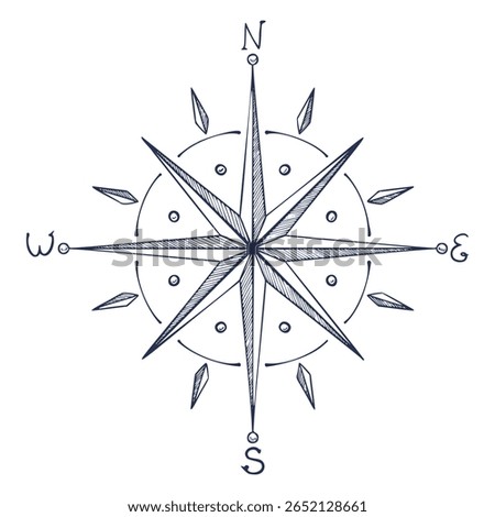 Vector illustration of a Compass rose with cardinal points and hand drawn lines for nautical maps or vintage travel designs. Linear drawing of Windrose for navigation in outline style. Retro etching.
