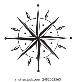 Vector illustration of Compass Rose. Linear Drawing of marine navigation element for nautical and travel design. Etching of retro sign for maps on isolated background. Vintage black outline object.