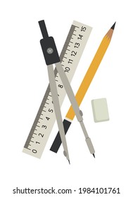 Vector illustration of the compass, ruler, eraser, and pencil. Hand-drawn stationery set in flat style. The concept of objects for learning, office supplies, drawing. School, geometry tools.