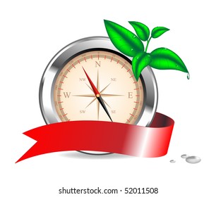 Vector illustration. A compass with a tape and a branch of a green sprout