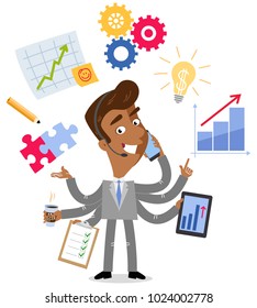 Vector illustration of a competent asian cartoon businessman with six arms doing multiple office tasks at once isolated on white background