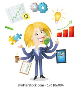 Vector illustration of a competent blond cartoon business woman with six arms doing multiple office tasks at once as a symbol of the ability to multitask (JPEG version also available in my gallery). 