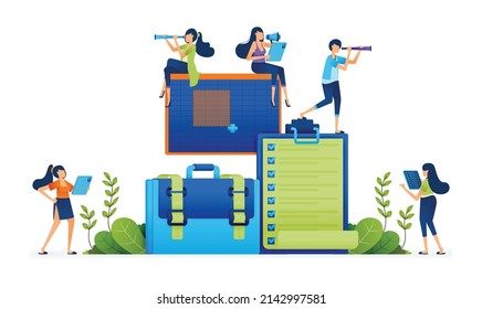 Ilustración vectorial de la lista completa de los empleados de oficina y la contabilidad para presentar informes a los superiores. Se puede utilizar para la página de inicio, web, sitio web, afiche, aplicaciones móviles, folletos, anuncios, volante, tarjeta