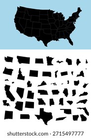 Ilustración vectorial con mapa contiguo completo de los Estados Unidos como una silueta negra sólida. A continuación, las 50 Formas estatales individuales se presentan por separado en un formato de cuadrícula ordenado. Mapa de los Estados Unidos de América.