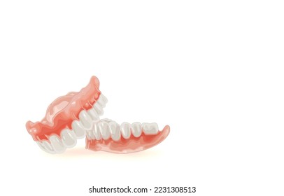 Vector illustration of complete maxillary denture of jaws,full removable dentures flexible,upper and lower jaws with false teeth,prosthetic dentistry,on white.Dental care for good dental health.