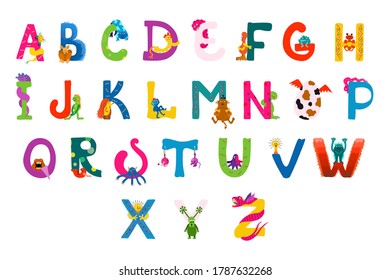 Vector illustration of a complete set of English letters. Bright isolated elements in childish style are drawn by hands on a white background. Decorations made from fictional cartoon monsters. 