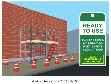 Vector illustration of completed and proper scaffolding installation safety with green tag information. Inspection checklist document. Allowed and permission to use the work platform.