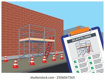 Vector illustration of completed and proper scaffolding installation safety inspection checklist. Paper board holder with green checkmark. Allowed to use document.