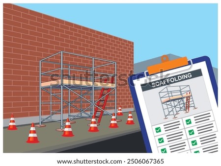 Vector illustration of completed and proper scaffolding installation safety inspection checklist. Paper board holder with green checkmark. Allowed to use document.