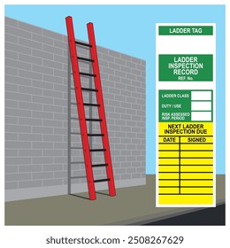 Vector illustration of completed and proper straight ladder installation safety with green tag information. Inspection checklist document. Allowed and permission to use the work platform.