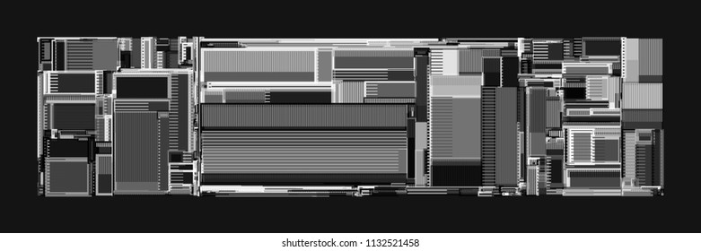 Vector illustration of a complex geometric pattern reminiscent of a futuristic cityscape from top view. Modern geometrical composition against black background.