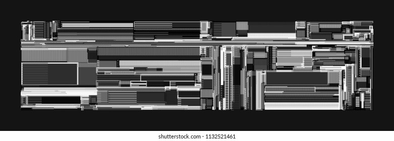 Vector illustration of a complex geometric pattern reminiscent of a futuristic cityscape from top view. Modern geometrical composition against black background.