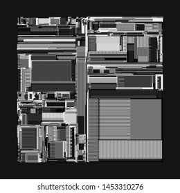 Vector illustration of a complex geometric pattern reminiscent of a futuristic city from top view. Modern geometrical composition against black background. Techno concept in a greyscale tones.