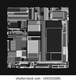Vector illustration of a complex geometric pattern reminiscent of a futuristic city from top view. Modern geometrical composition against black background. Techno concept in a greyscale tones.
